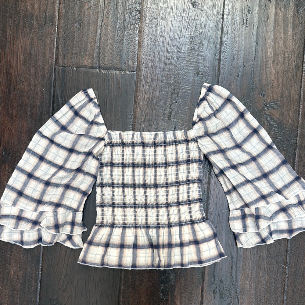 Planet Blue Plaid Ruffle Rouched Blouse